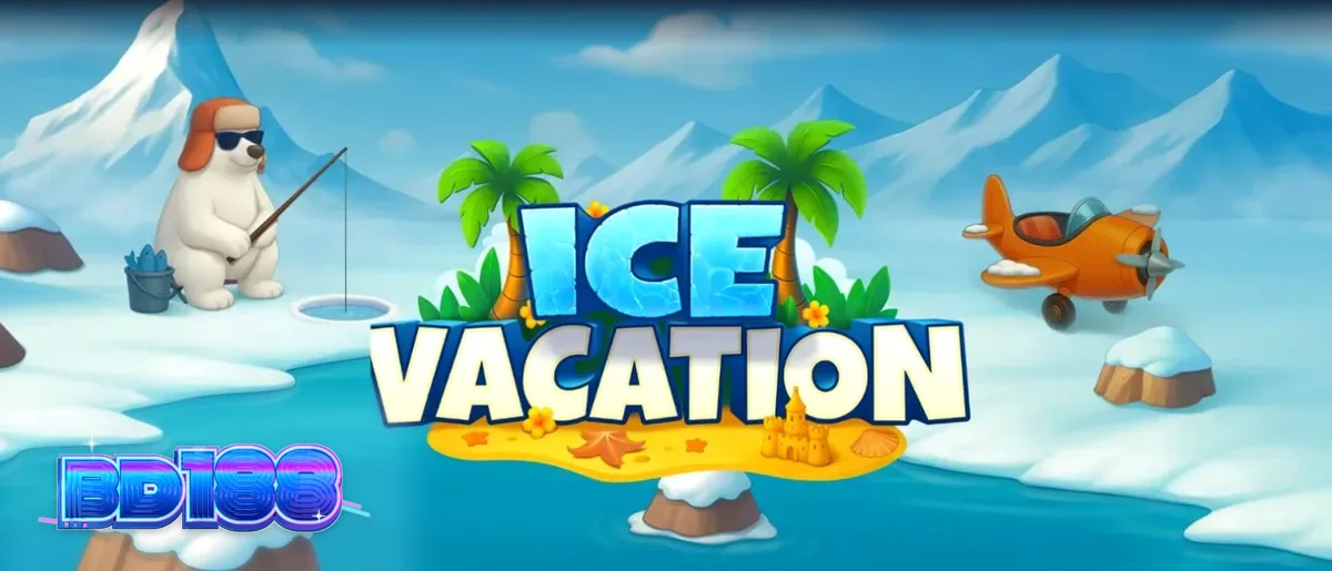 Ice Vacation slot game interface featuring polar bear and tropical theme